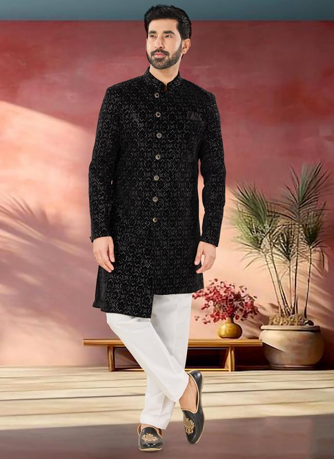 Velvet Black Wedding Wear Embroidery Work Readymade Sherwani